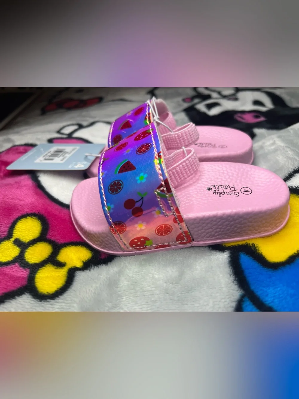 Pink Kids Slide Sandals with Holographic Fruit Strap Sz Girls 4C Shoes NEW NWT
